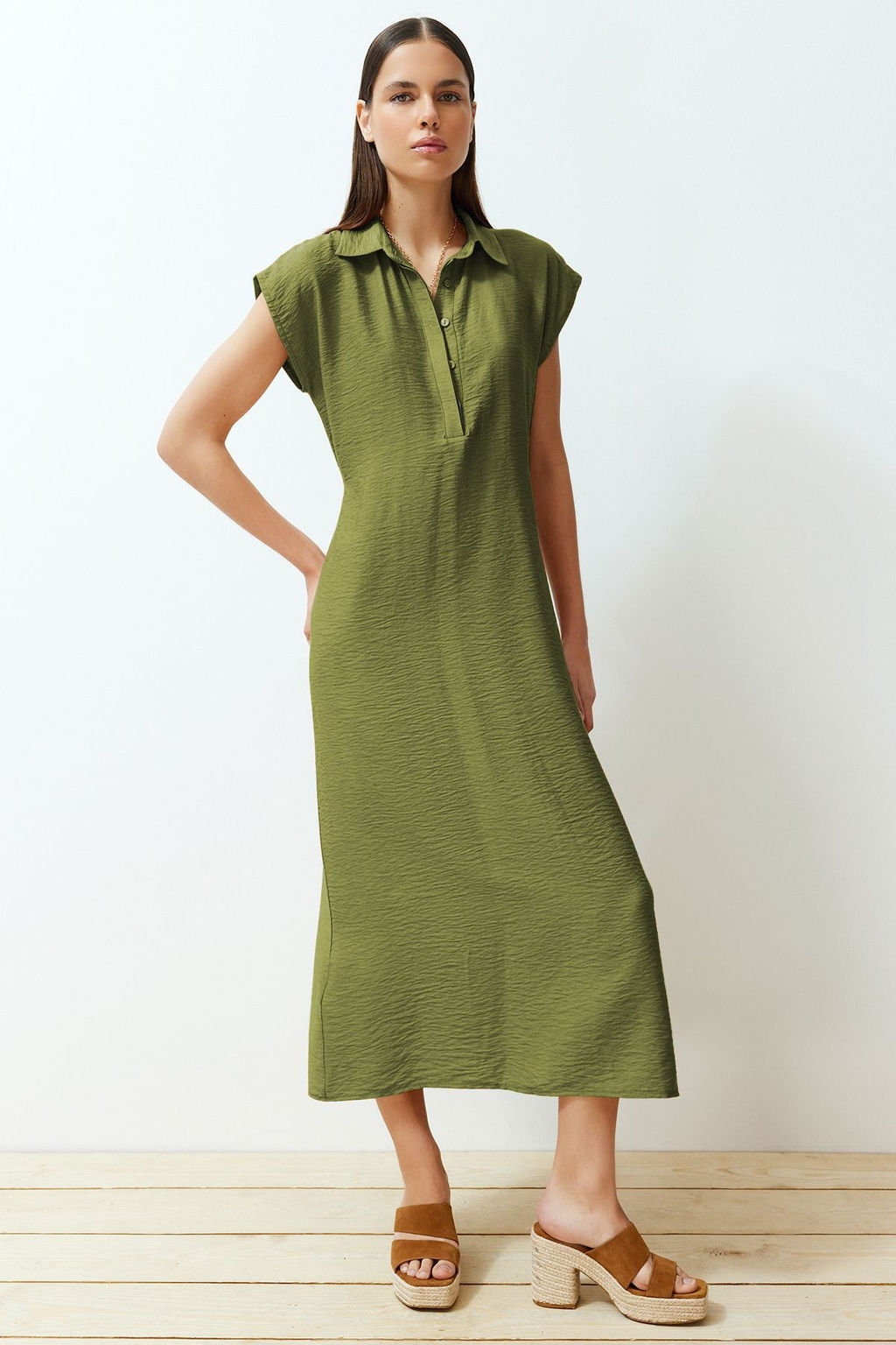 TRENDYOLMILLA Siyah A Kesim Gomlek Yaka Aerobin Maxi Dokuma Elbise TWOSS24EL00621  фото 9