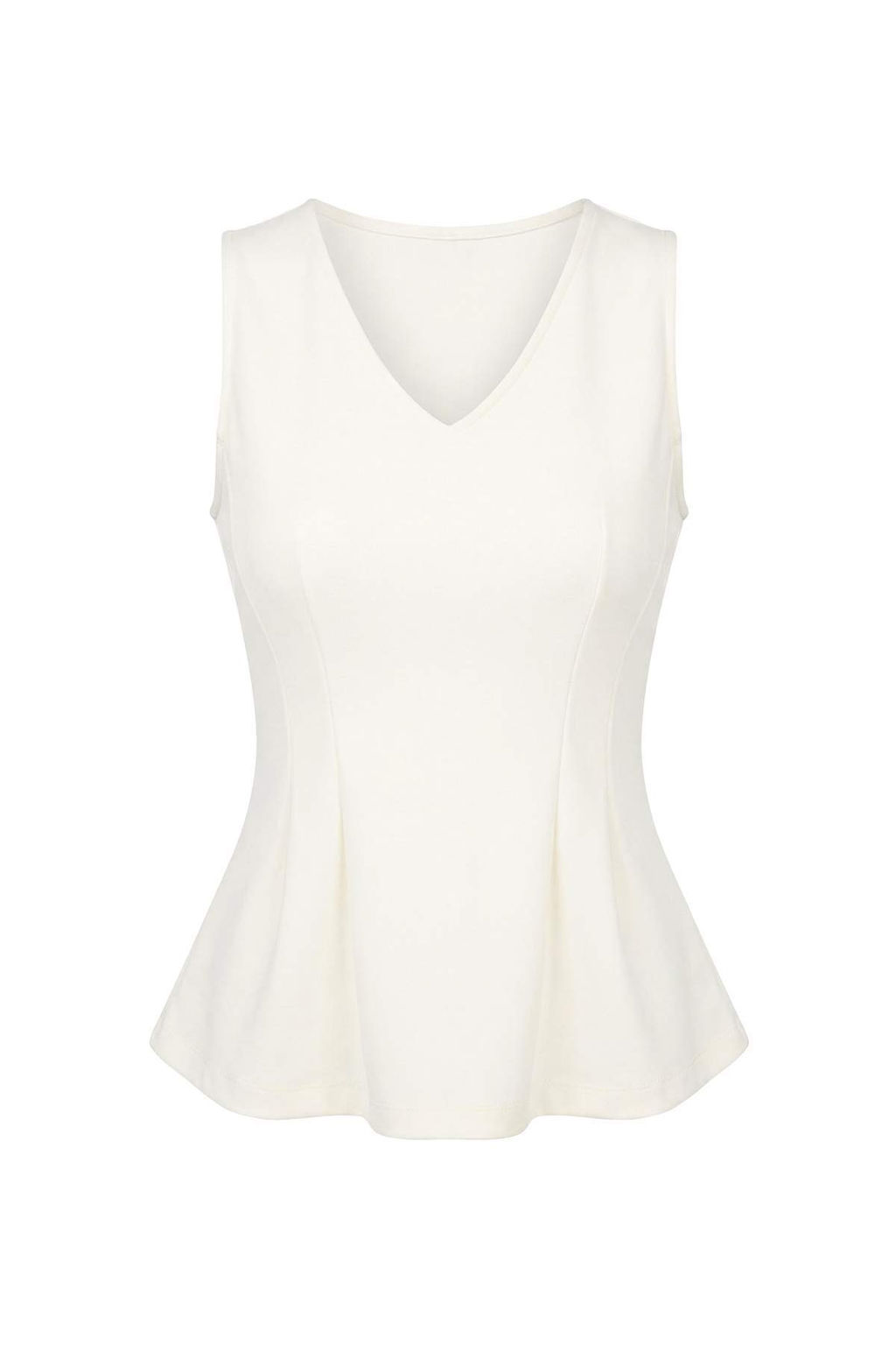 Ekru Duz Peplum V Yaka Kolsuz Interlok Orme Bluz TWOSS26BZ00044