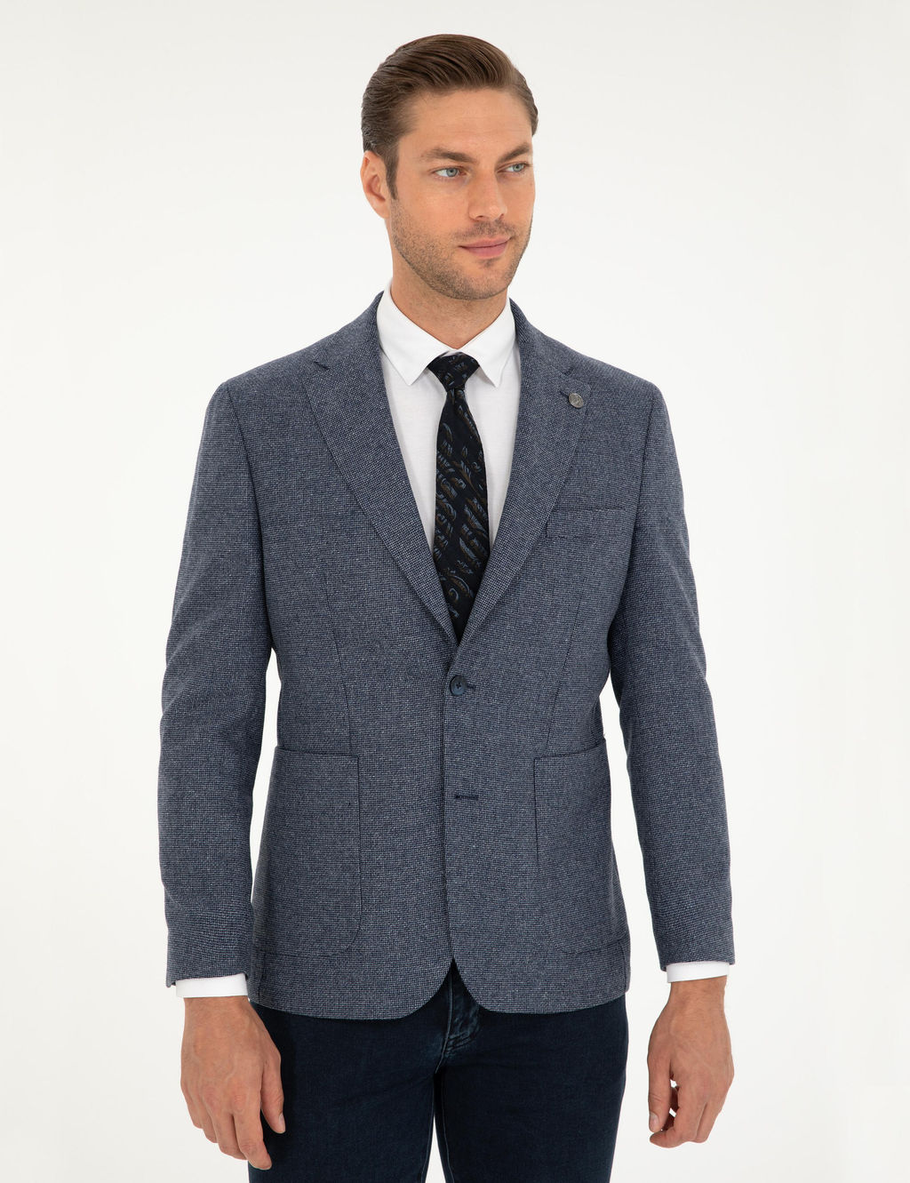 Lacivert Y_n Kar___ml_ Slim Fit Ceket