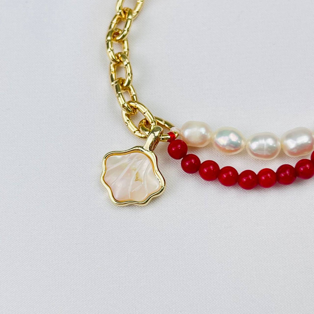 Браслет из Коралла и Жемчуга с цепочкой 16 см +