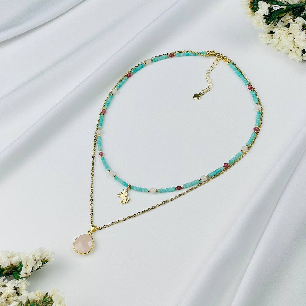 Колье двойное из Амазонита, Розового кварца и розового Турмалина