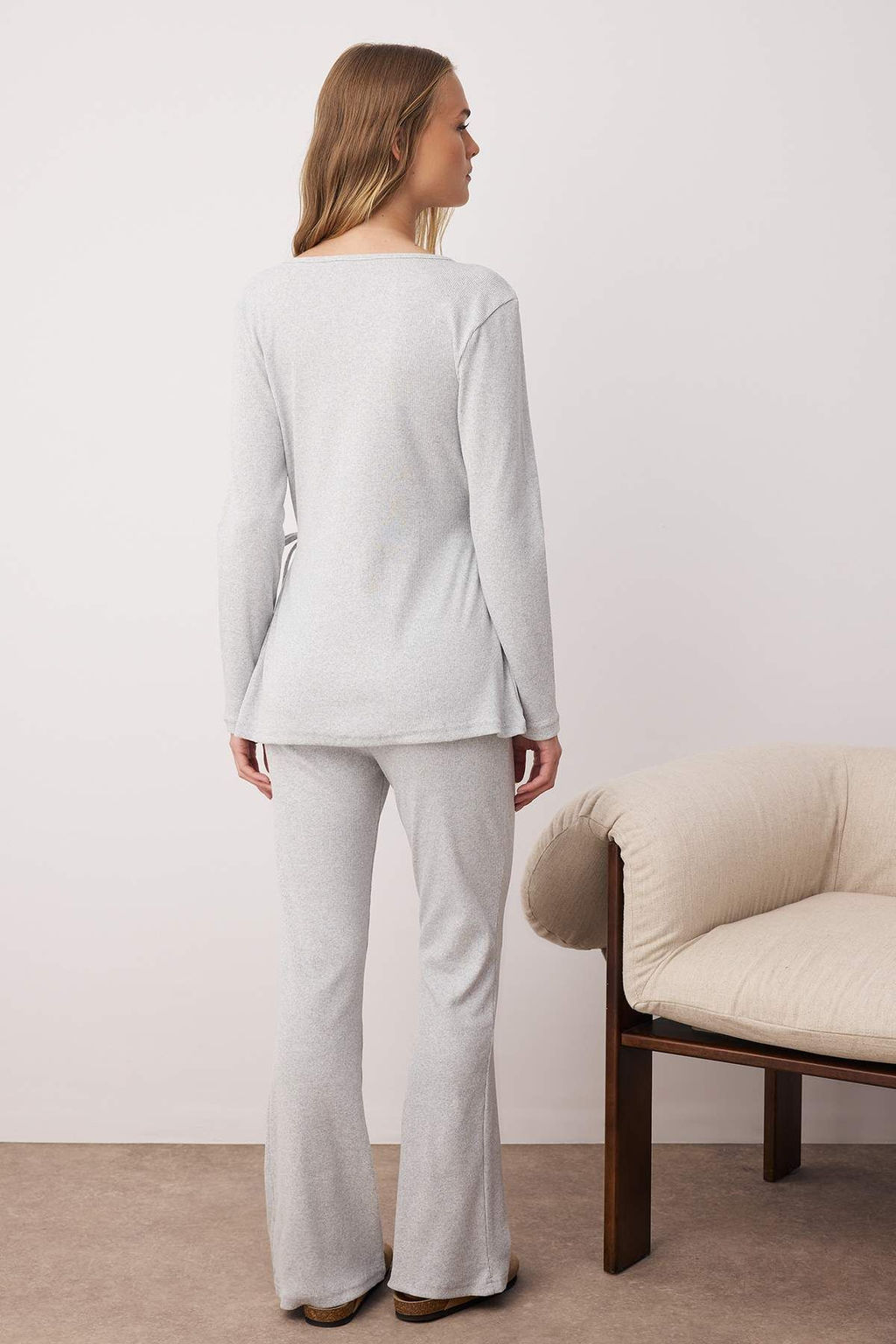 Gri Melanj Baglama Detayl? Kruvaze Yaka Fitilli Orme Pijama Tak?m? THMAW26PT00003 - Trendyolmilla фото 4