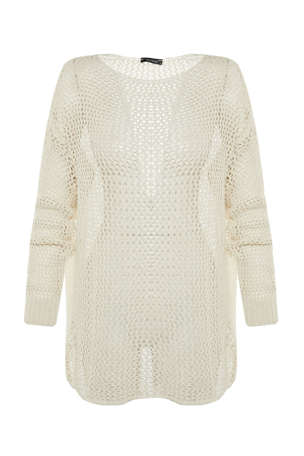 Ekru Ekstra Genis Kal?p Pamuklu Ajurlu/Delikli Triko Kazak TWOAW20FV0184