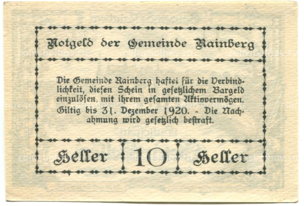 10 геллеров 1920 года Австрия  Райнсберг (нотгельд)