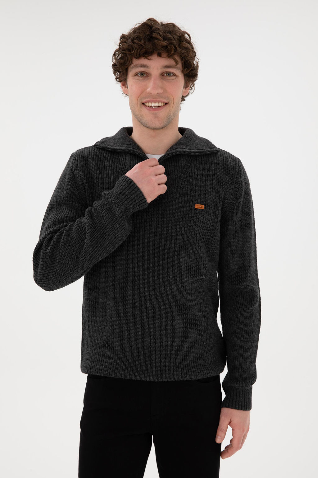 Erkek Regular Fit Yar_m Fermuarl_ Antrasit Kazak