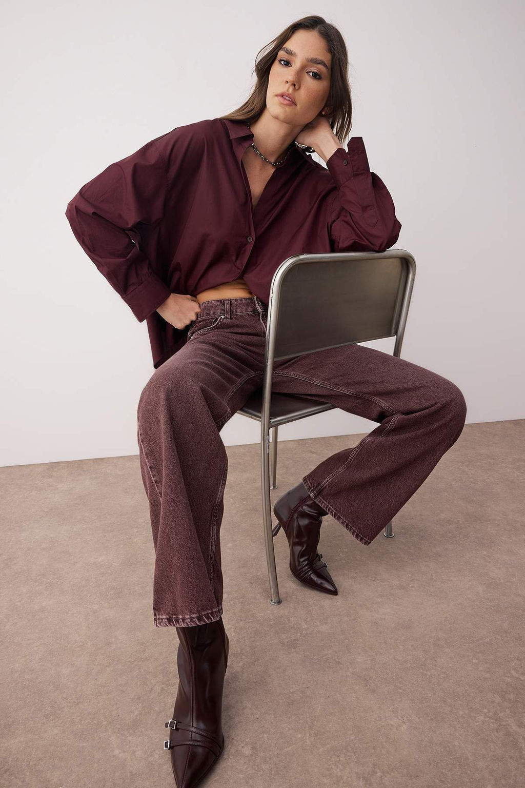 Bordo Yuksek Bel Vintage Y?kama Ozel Renk Denim Wide Leg/Genis Paca Jeans TWOAW26JE00110 - Trendyolmilla фото 2