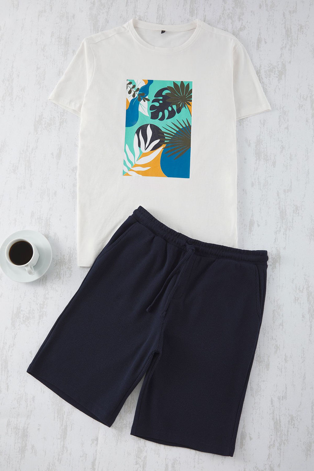 TRENDYOL MAN Ekru - Lacivert Regular Fit Bask?l? Alt Waffle Orme Sortlu Pijama Tak?m? TMNSS25PT00025 - Trendyolmilla фото 5