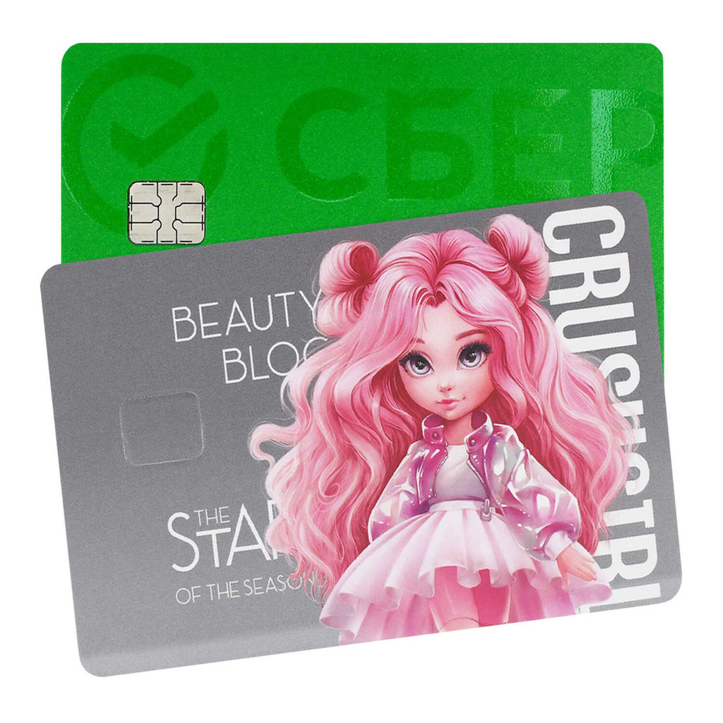 Наклейки на банковскую карту, арт. 71700 / 200 КРАСОТКА (2 шт. в наборе, материал наклеек: ПВХ; цвет: розовый, серый; декор: полноцветная печать; индивидуальная упаковка: подложка с европодвесом из мелованного картона + ПЭТ-пакет)