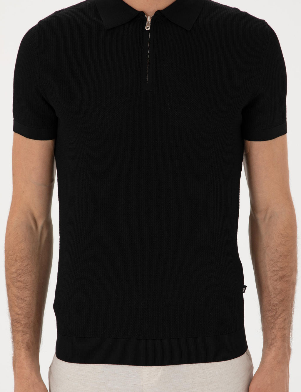 Siyah Slim Fit Fermuarl_ Polo Yaka Triko T-shirt