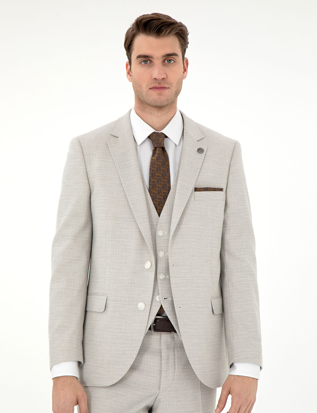 Bej Extra Slim Fit Yelekli Tak_m Elbise