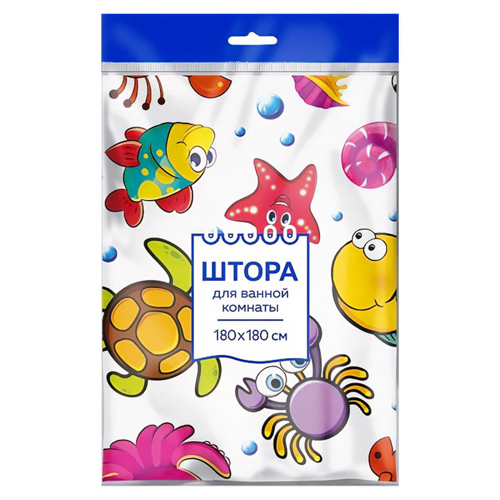 Штора для ванной комнаты из ПВД 180х180см Рыбки, 35мкм, 12 колец, в пакете (Россия)