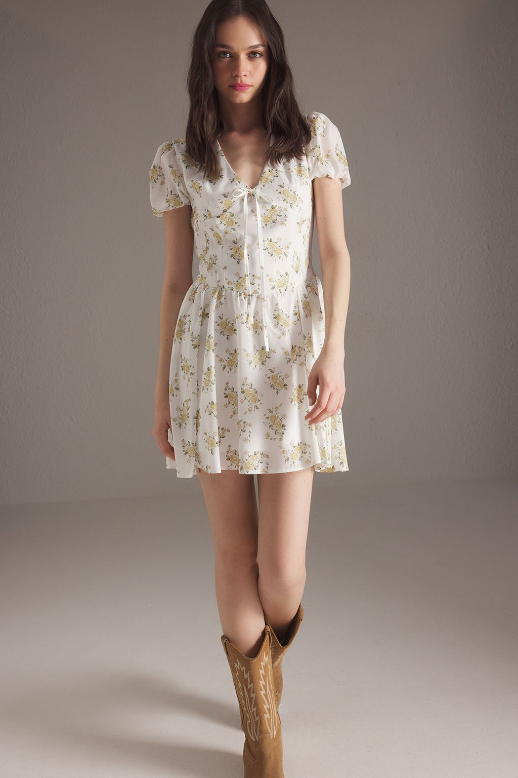 TRENDYOLMILLA Ekru Cicekli Mini Dokuma Elbise TWOSS25EL00789 фото 2