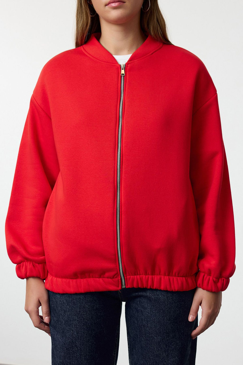K?rm?z? Fermuarl? Oversize/Genis Kal?p Kal?n Ici Polarl? Orme Sweatshirt TWOAW25SW00122