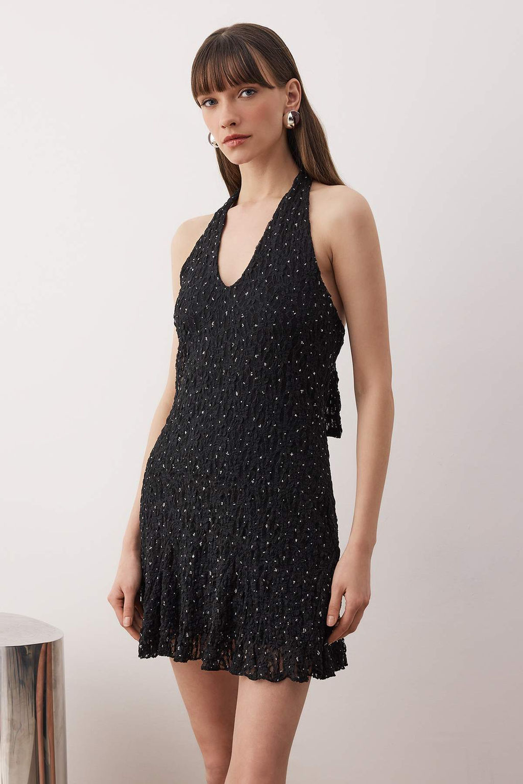 Siyah Duz Tas Bask?l? Tul K?sa / Mini Astarl? Elbise TPRAW26EL00095