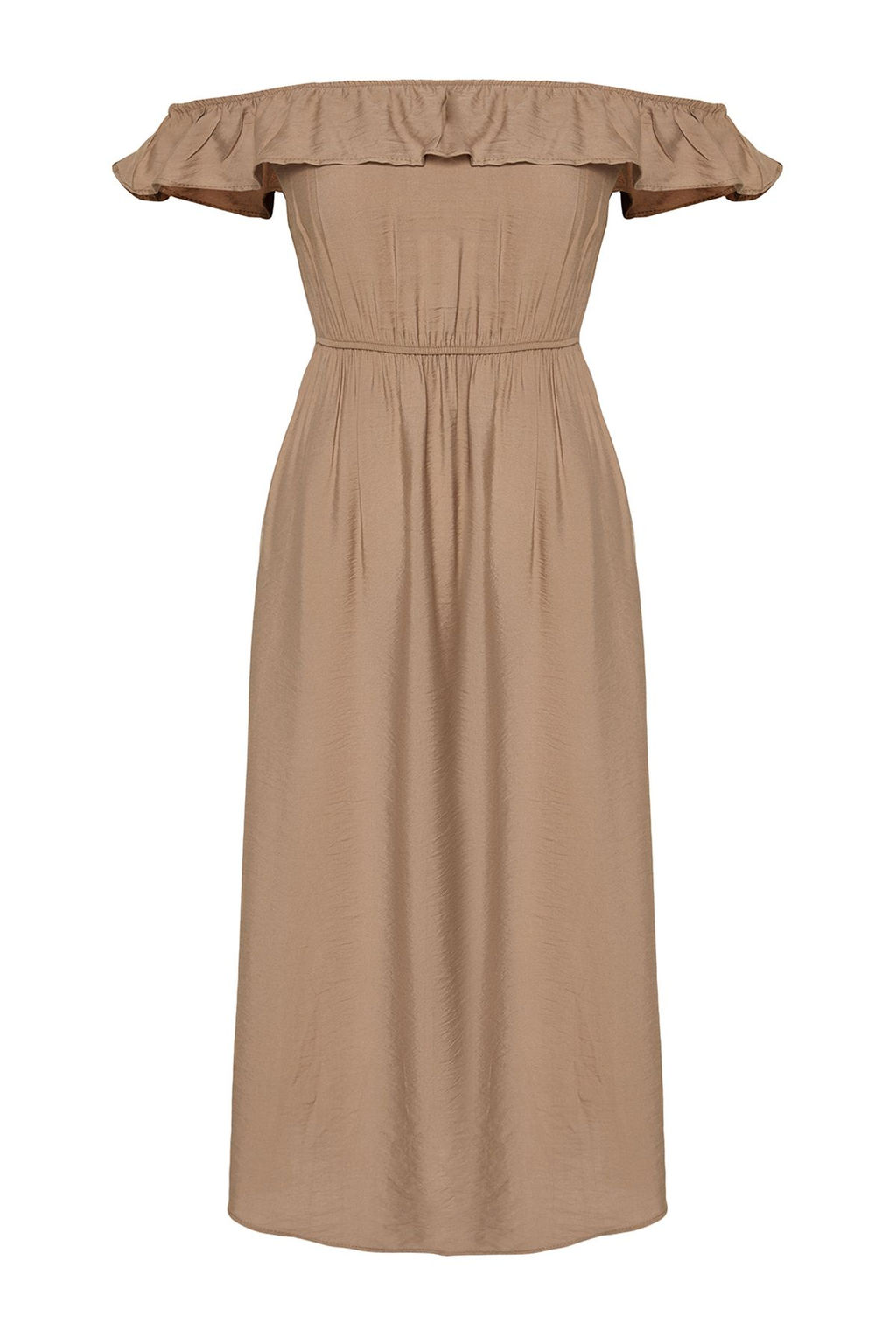 Vizon Duz Kesim Carmen Yaka Keten Gorunumlu Maxi Dokuma Elbise TWOSS24EL00691 - Trendyolmilla фото 7