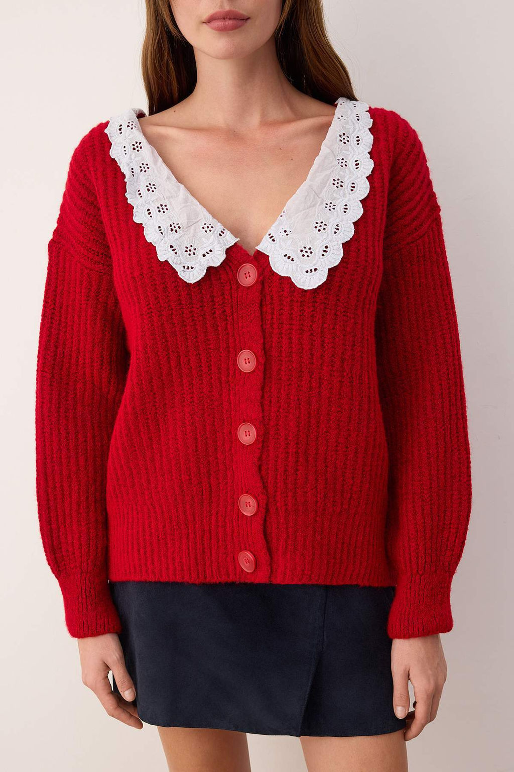 K?rm?z? Gomlek Yaka Garnili Yumusak Dokulu V Yaka Triko H?rka TWOAW26HI00058