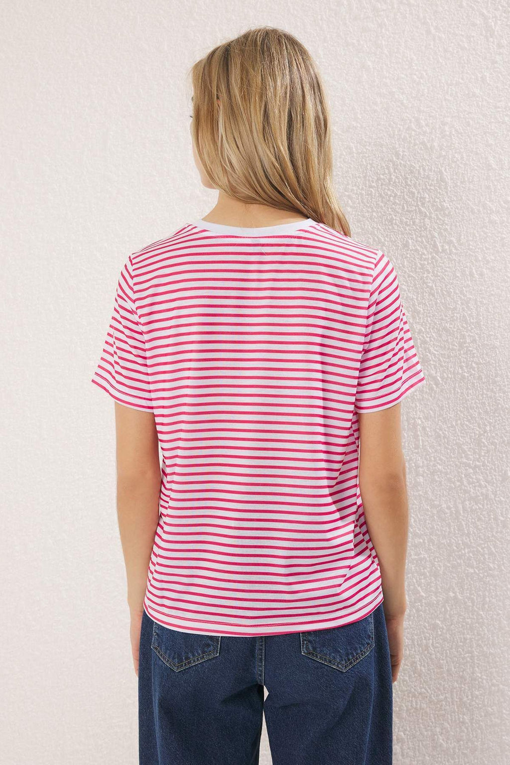 TRENDYOLMILLA Kahverengi-Bej-Haki Cizgili 3lu Paket Basic Bisiklet Yaka Orme T-Shirt TWOSS20TS0146  фото 6