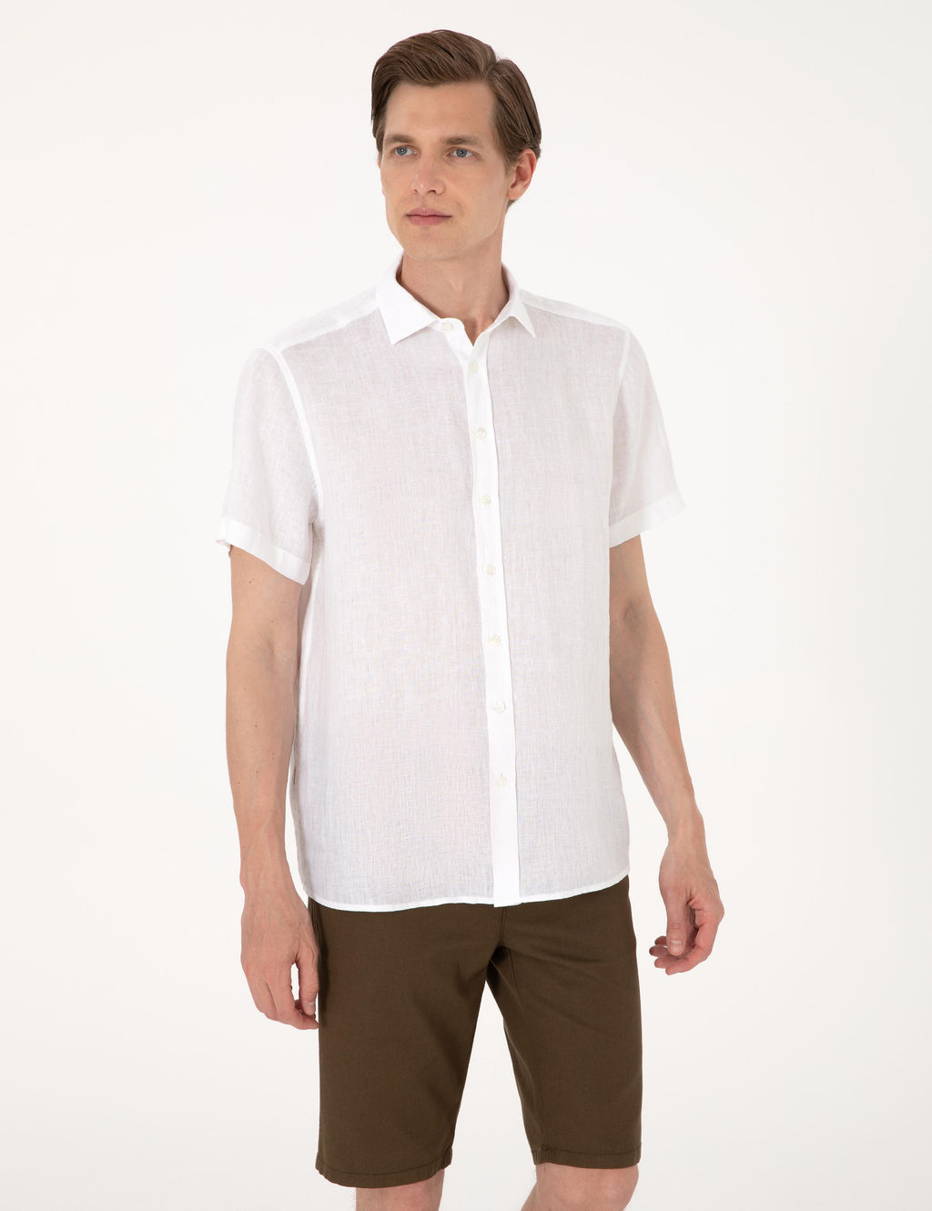 Beyaz %100 Keten Regular Fit K_sa Kollu G_mlek