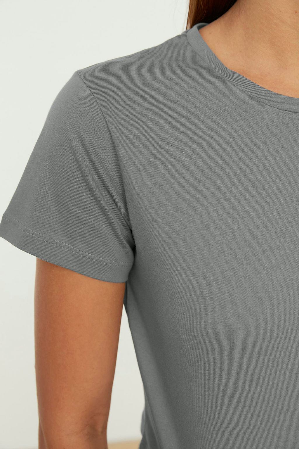 Gri-Mint 2li Paket %100 Pamuk Crop Bisiklet Yaka Orme T-Shirt TWOSS20TS1480