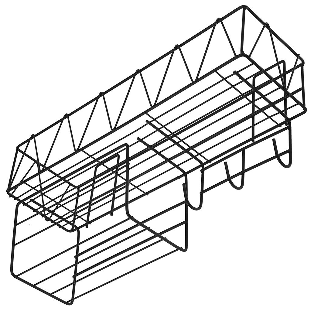 Полка прямоугольная, металлическая, окрашенная "Лофт" 1-ярусная, с вешалкой-планкой 3 крючка, с подставкой, на липучках, 41х12х21см, черный (Китай)