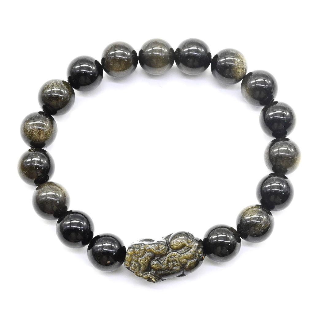 Обсидиан иризирующий браслет шарик 10мм с Драконом
