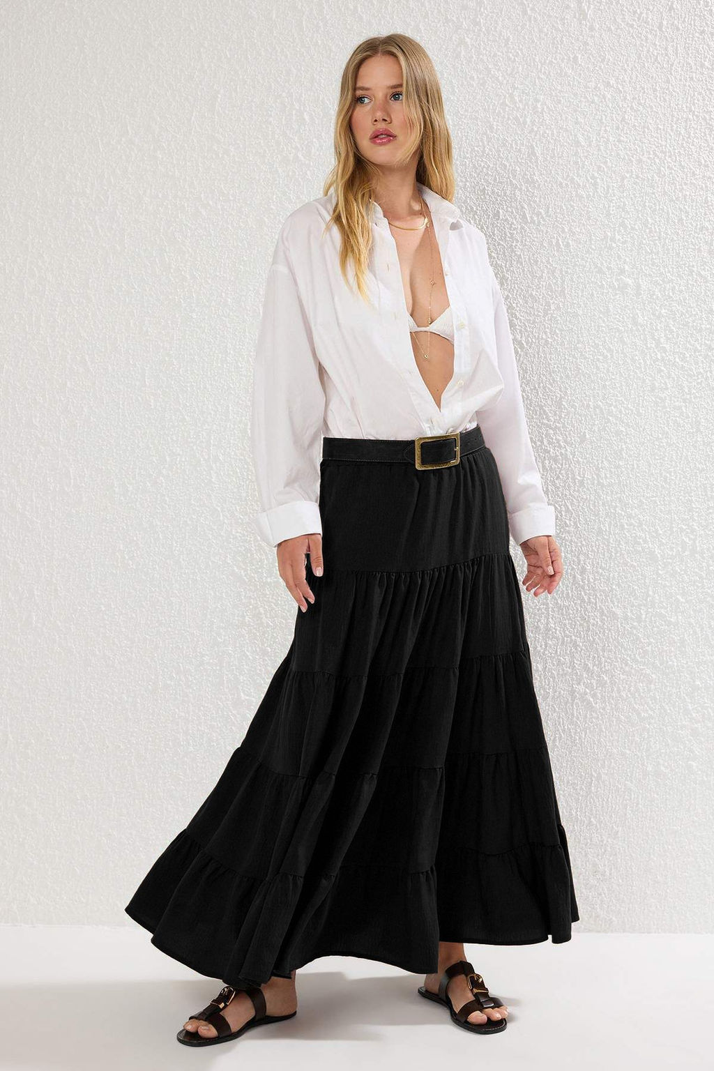 TRENDYOLMILLA Beyaz Pamuklu Dokulu Kumas Maxi Boy Dokuma Etek TWOSS25ET00029