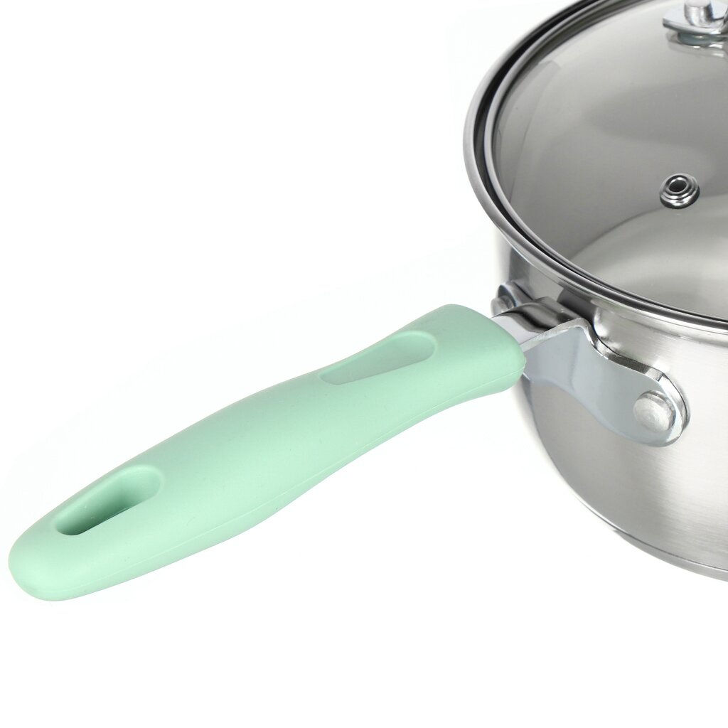 Ковш нерж/ сталь, 1.7 л, крышка стекло, индукция, силикон/ ручки мятные, SD23-16SP-2 Daniks, 451813  фото 5