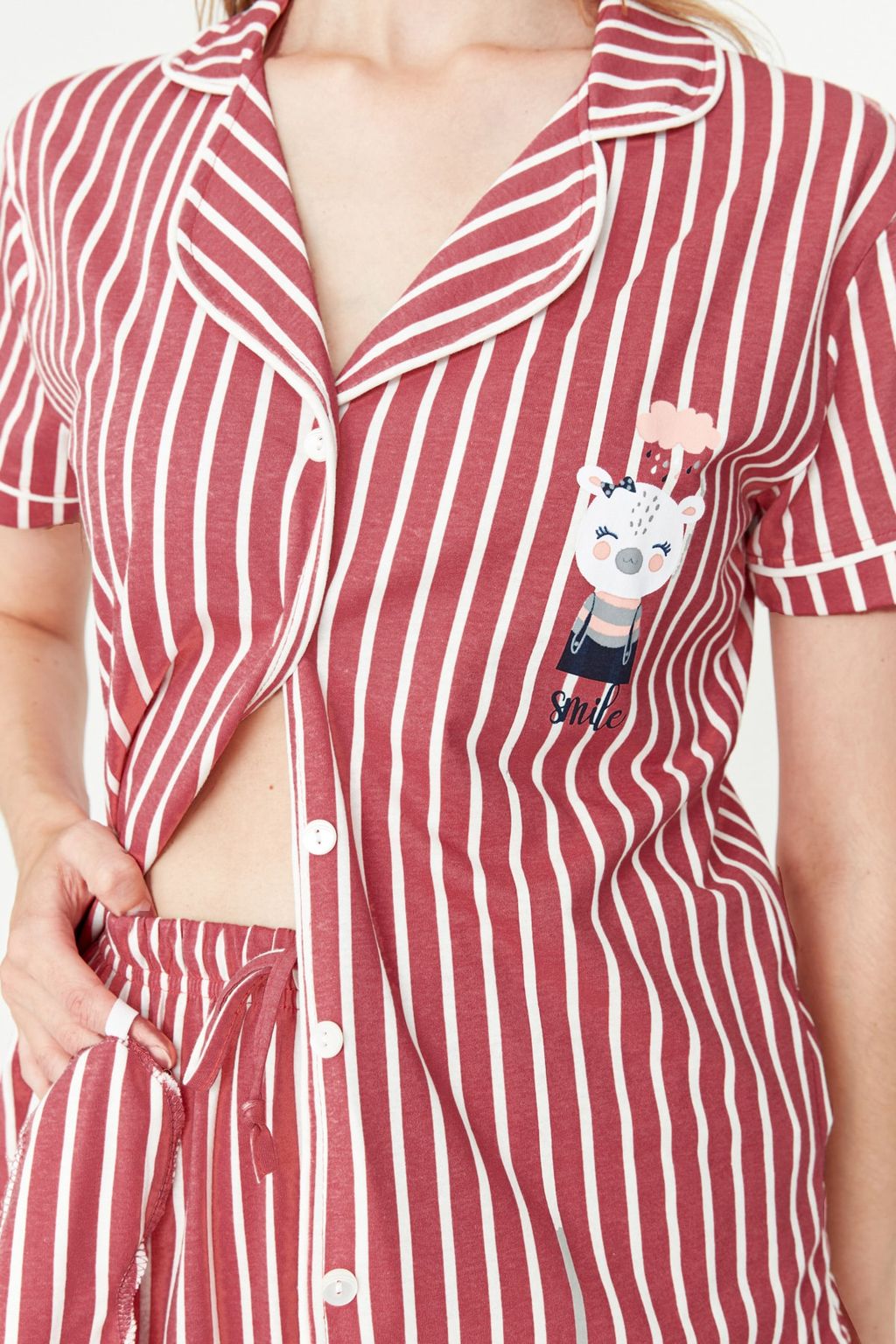 Trendyolmilla Pembe Cizgili Hayvan Bask?l? Gomlek-Pantolon Orme Pijama Tak?m? THMSS21PT0878