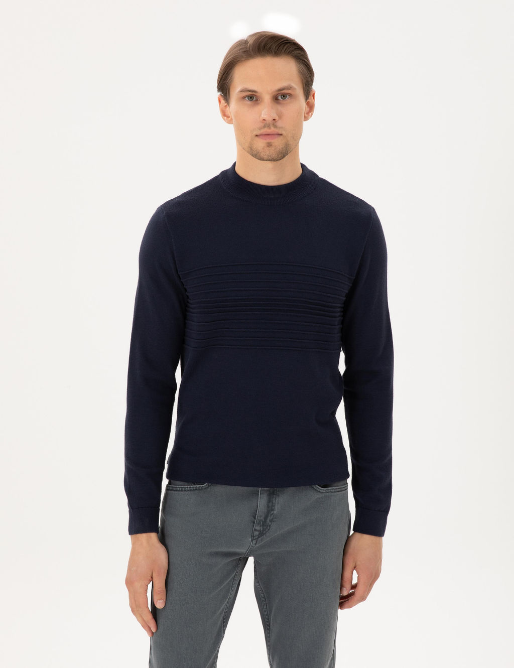 Lacivert Slim Fit Bato Yaka Y_n Kar___ml_ Triko Kazak