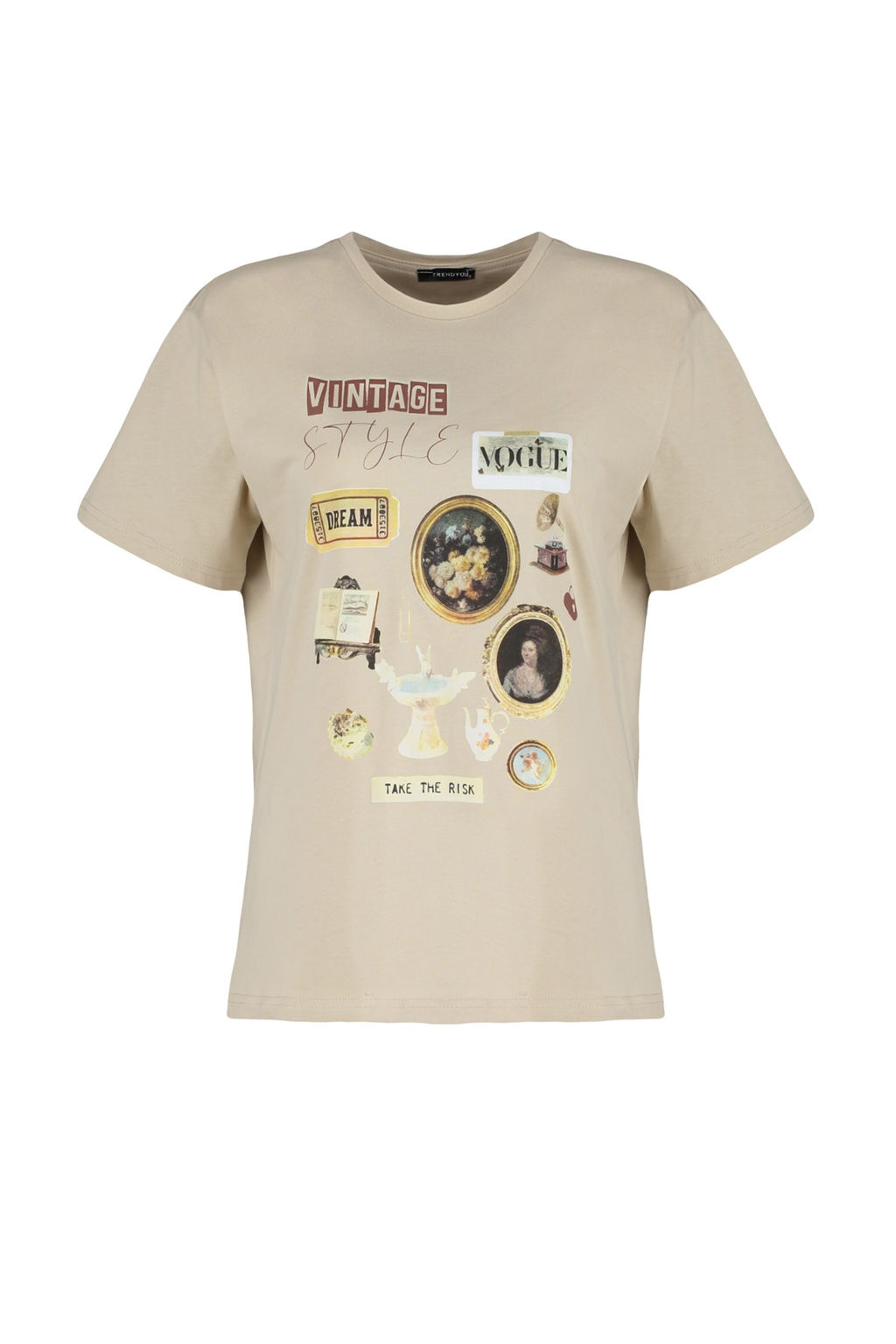 Tas %100 Kal?n Pamuklu Bask?l? Oversize Kal?p Bisiklet Yaka Orme T-Shirt TWOSS23TS00282