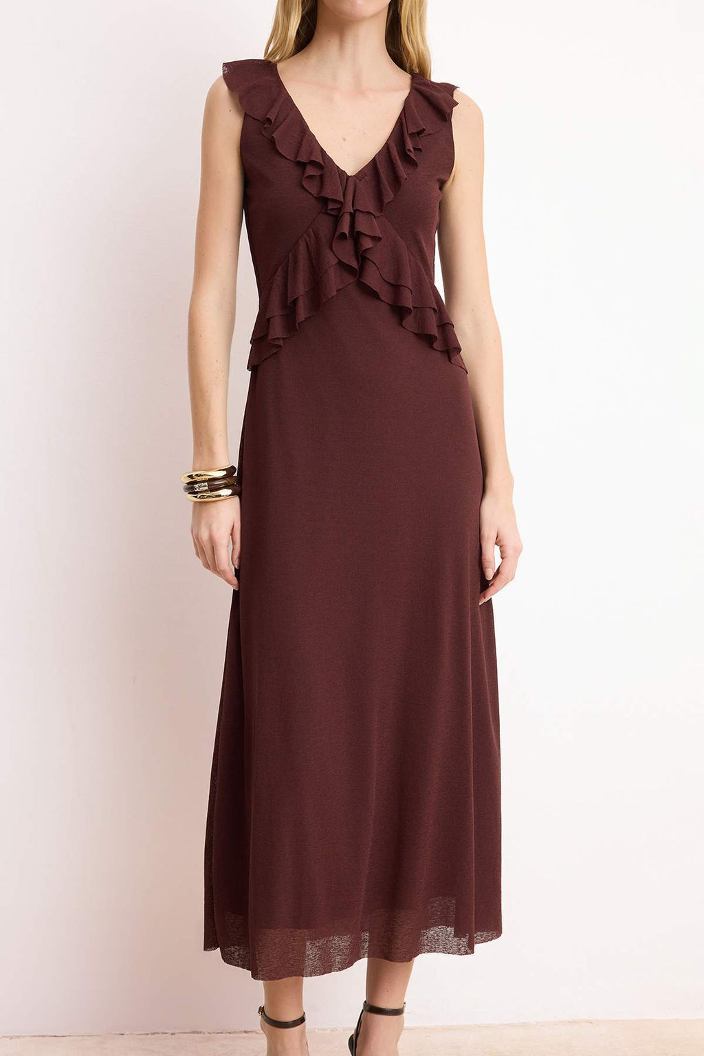 Sar? A-Kesim/Can Form V Yaka Kolsuz Volanl?/F?rf?rl? Midi Kopuk Orme Elbise TWOSS26EL00212 - Trendyolmilla фото 7