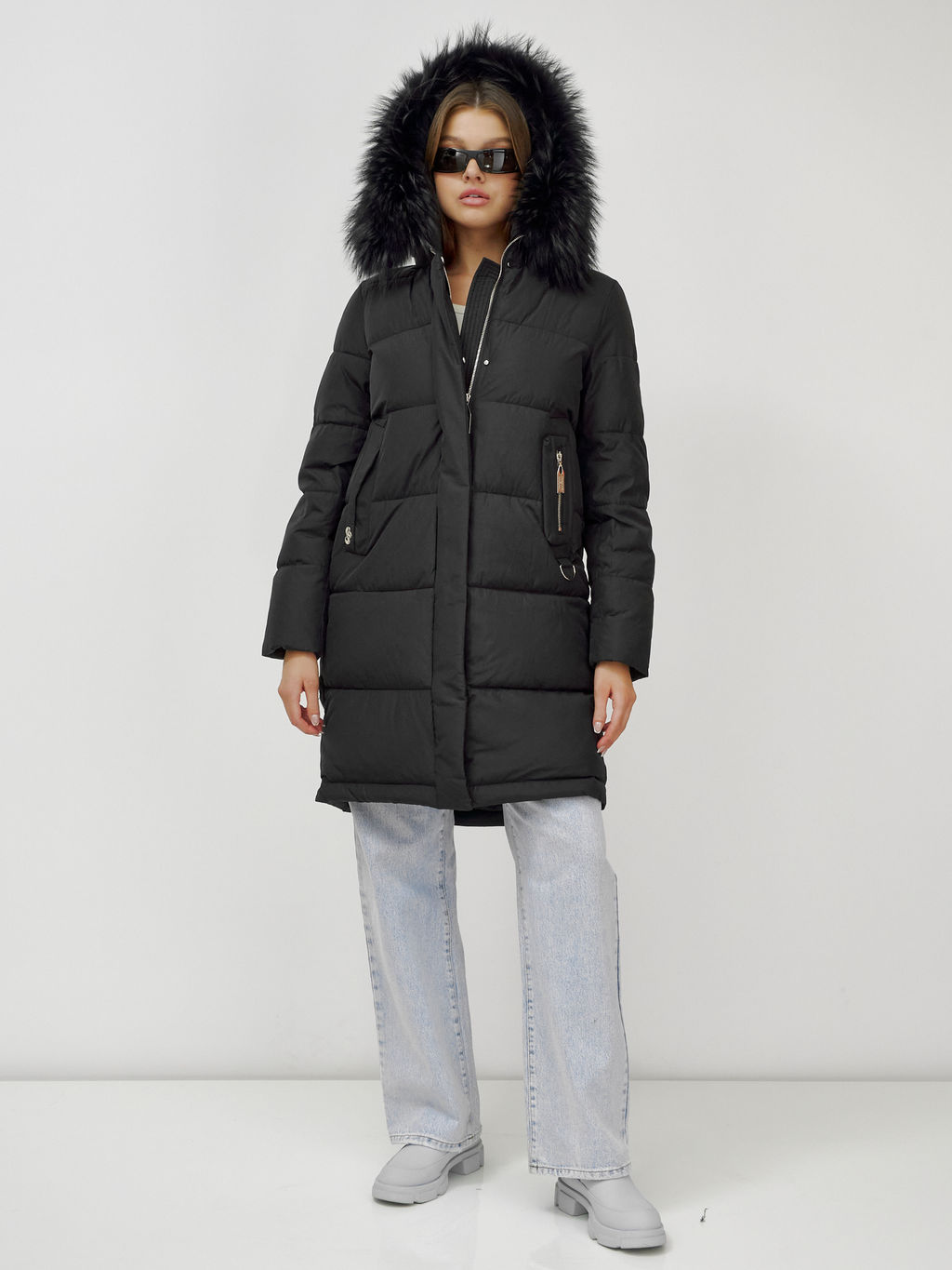 Куртка Бренд Visdeer  ПРЕМИУМ КЛАССА зимняя с мехом ЕНОТА, черного цвета  фото 12