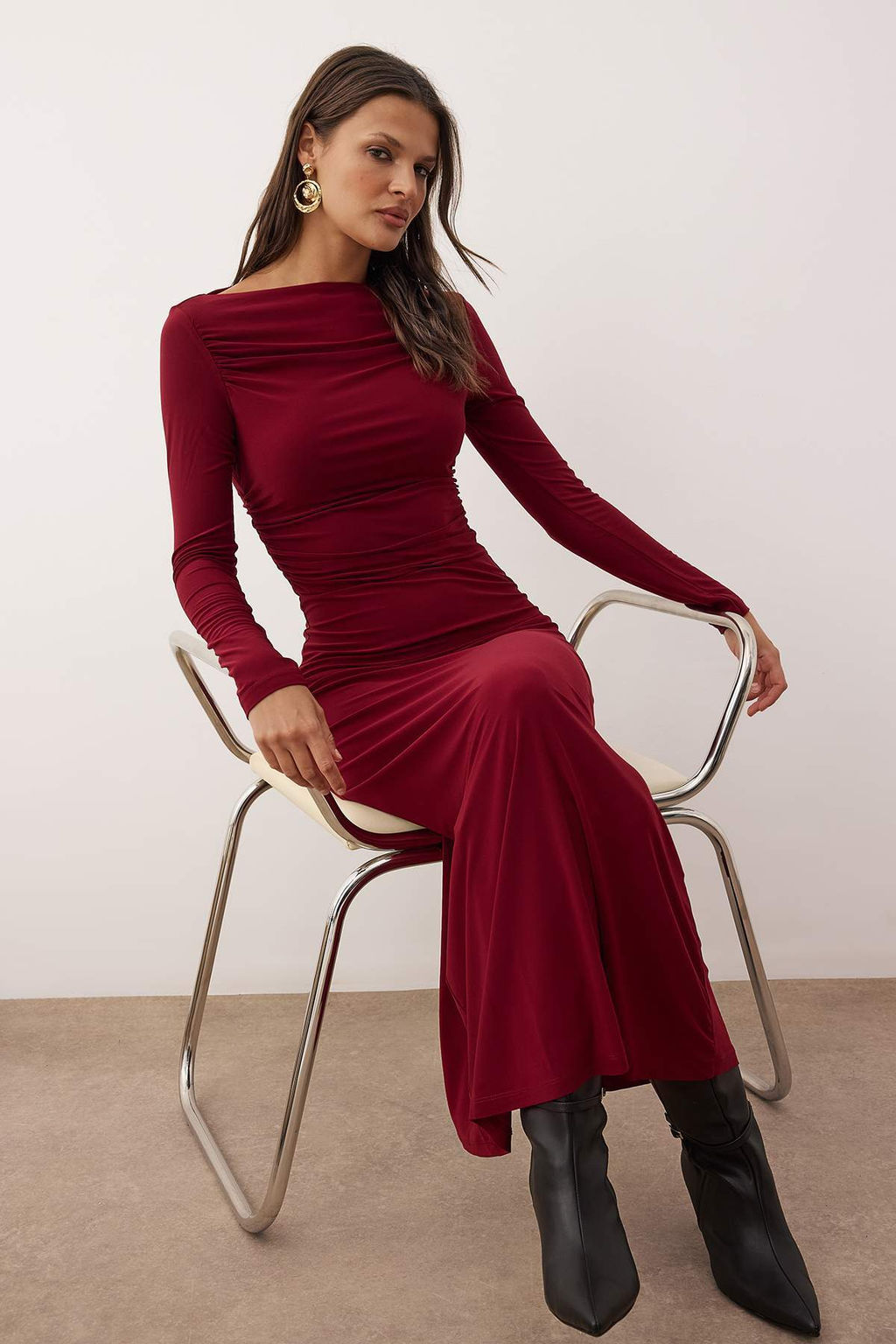 Bordo Duz Buzgu Detayl? Asimetrik Etek Ucu Detayl? Kay?k Yaka Esnek Midi Orme Elbise TWOAW26EL00019 - Trendyolmilla фото 8