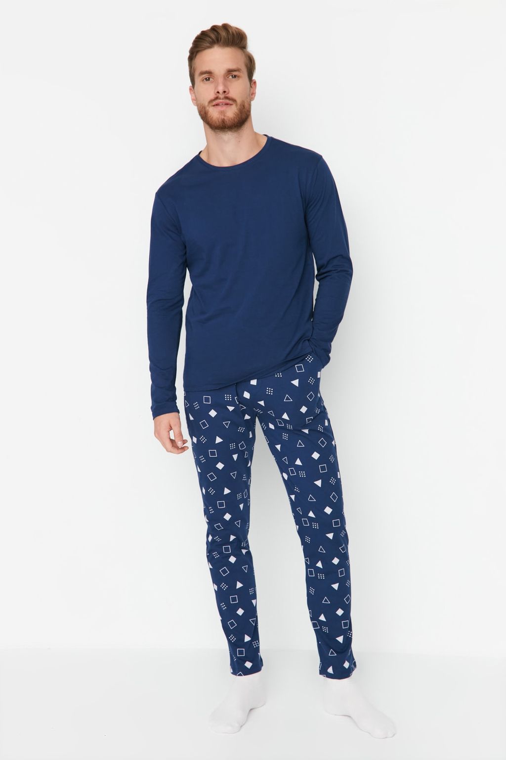 TRENDYOL MAN Lacivert %100 Pamuk Regular Fit Bask?l? Orme %100 Pamuk Pijama Tak?m? TMNAW23PT00029 - Trendyolmilla фото 3