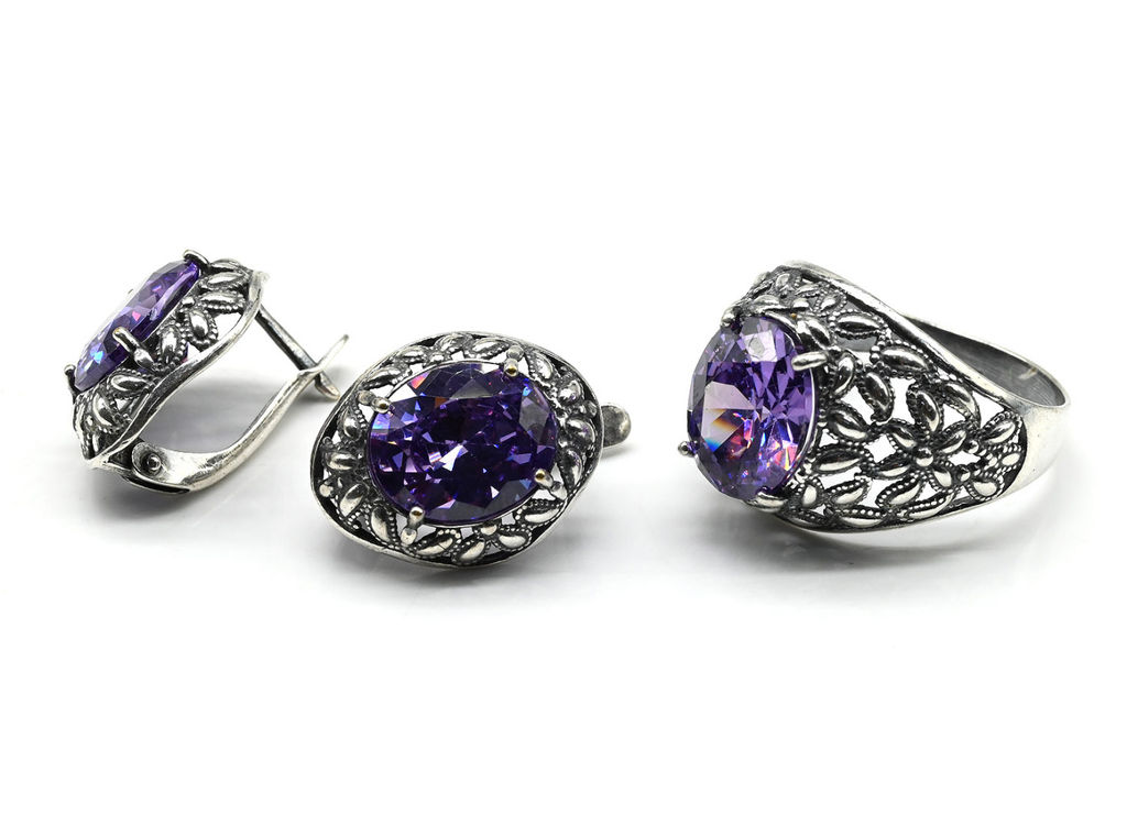Кольцо Серьги с цирконом искусственным, цв.аметист размер 20