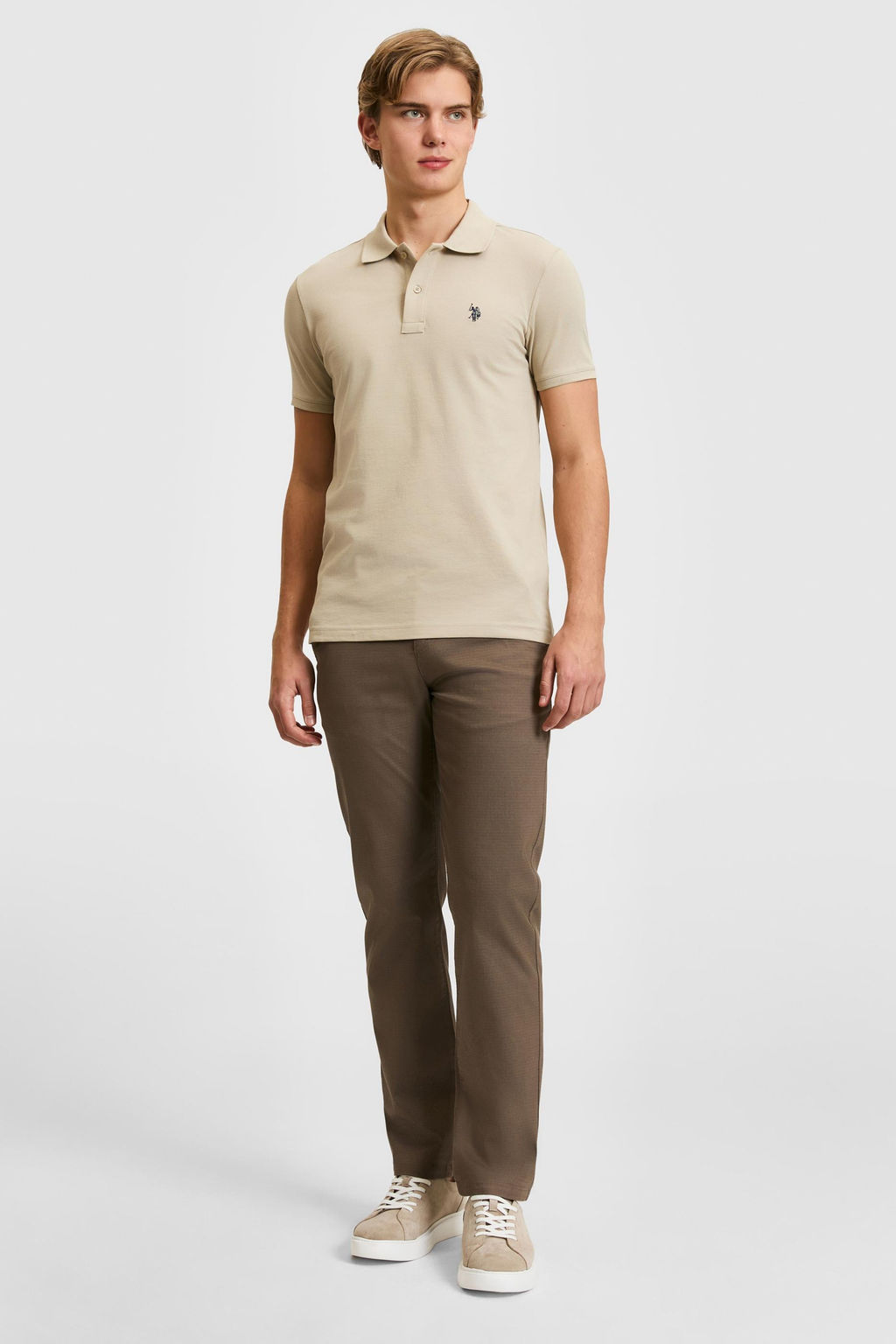 Erkek Slim Fit Polo Yaka A__k Haki Basic Ti__rt