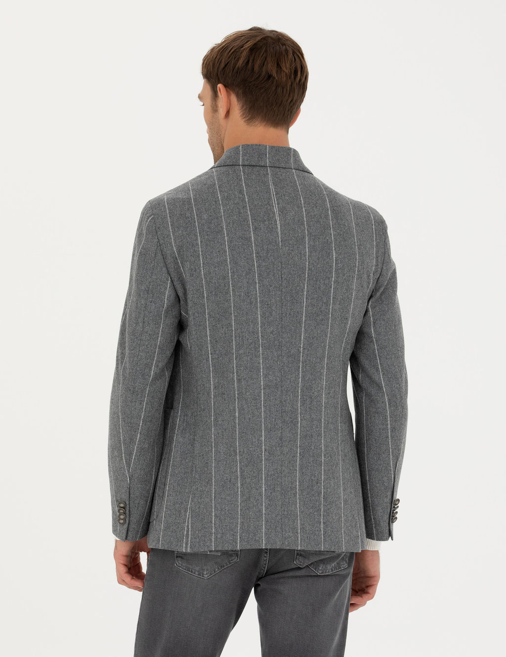 Gri Ex.Slim Fit %100 Y_n _izgili Kruvaze Ceket
