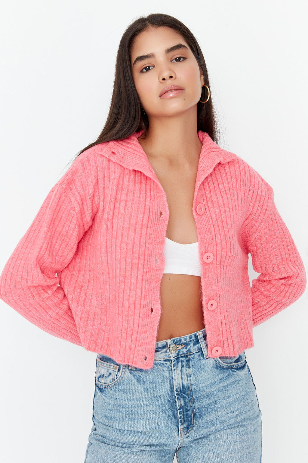 Pembe Crop Yumusak Dokulu Dik Yaka Triko H?rka TWOAW22HI0174