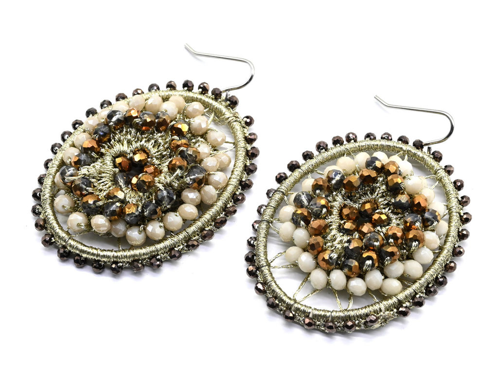 Серьги авторские с цирконами в оплетении цв.античное золото