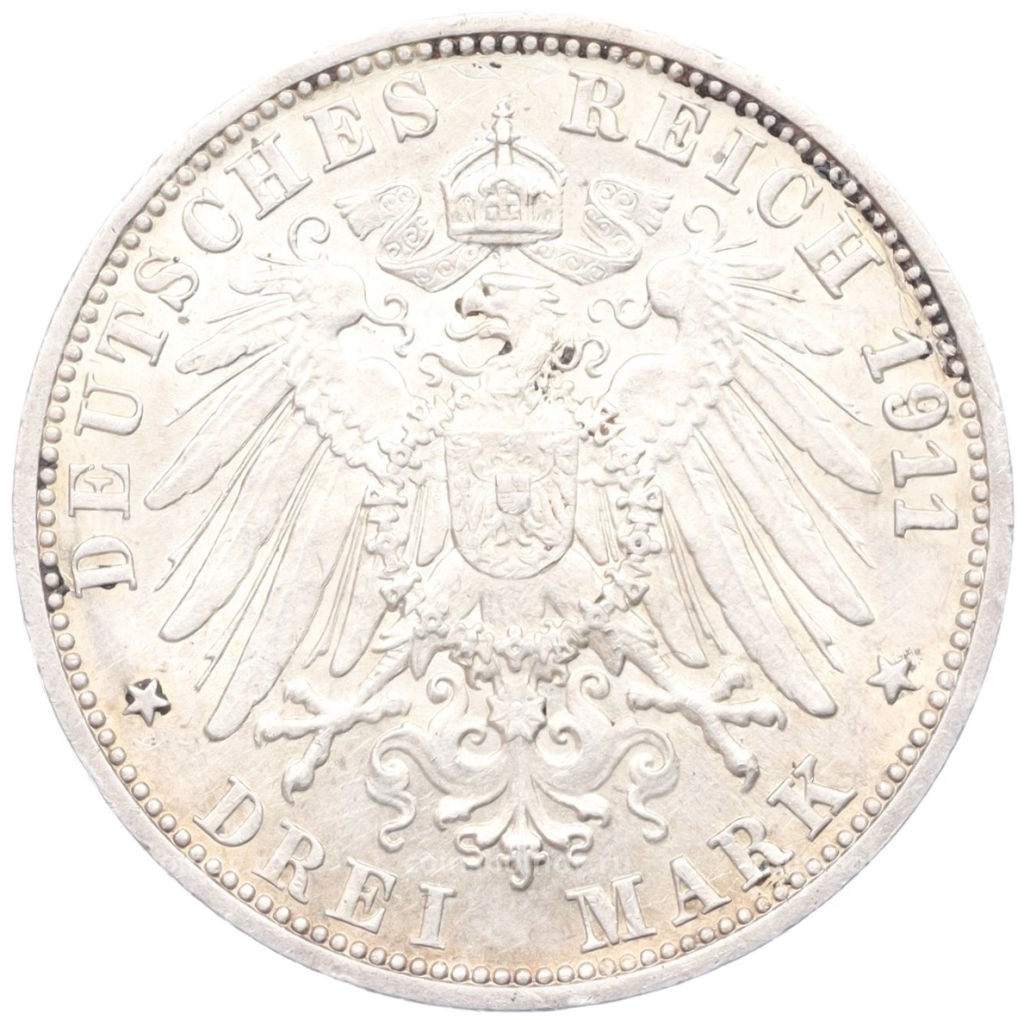 3 марки 1911 года F Германия (Вюртемберг) 25 лет свадьбе Вильгельма II и Шарлотты