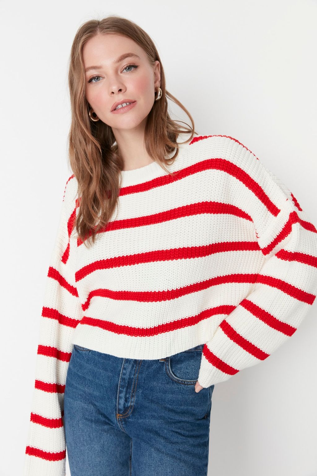Ekru Crop Basic Cizgili Genis Kal?p Triko Kazak TWOAW23KZ00390
