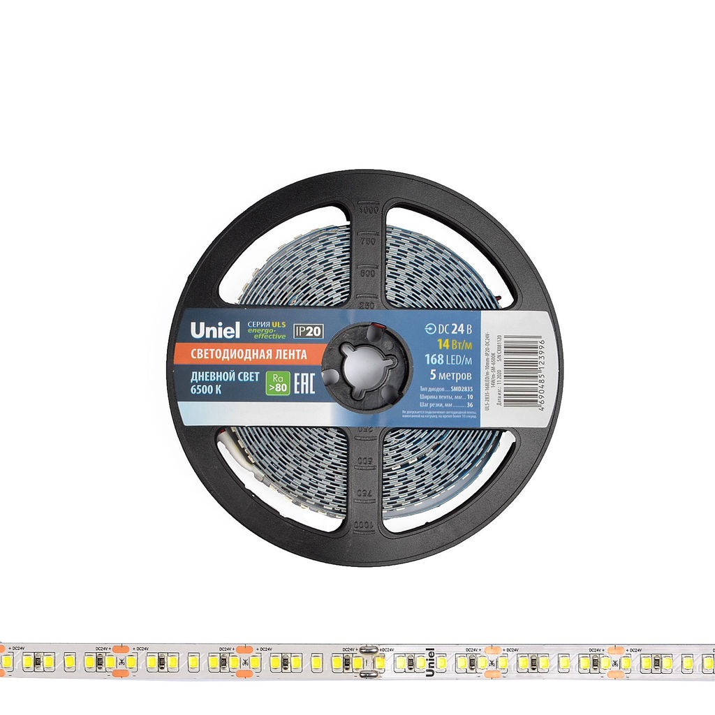ULS-2835-168LED/m-10mm-IP20-DC24V-14W/m-5M-6500K Гибкая светодиодная лента на самоклеящейся основе. Катушка 5 м. в герметичной упаковке. Белый свет (6500K). ТМ Uniel.