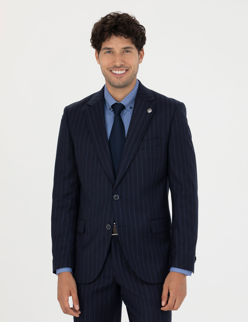 %100 Y_n Lacivert _izgili Ekstra Slim Fit Tak_m Elbise