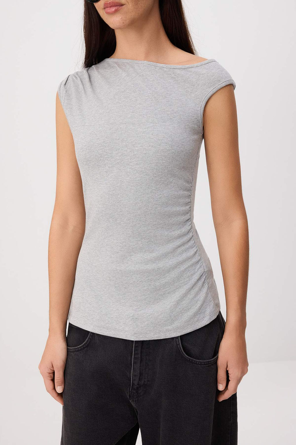 Gri Melanj Fitted/Vucuda Oturan Asimetrik Yaka Kolsuz Yumusak Orme Bluz TWOSS26BZ00793