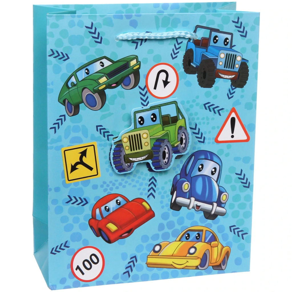 Цена за 12 шт. Пакет подарочный "Машинки" 18*23*8 см, микс