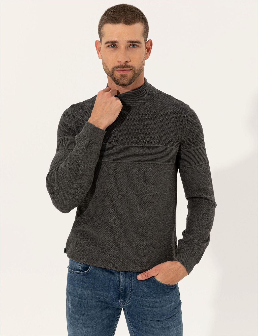 Gri Melanj Slim Fit Yar_m Bal_k__ Yaka Triko Kazak