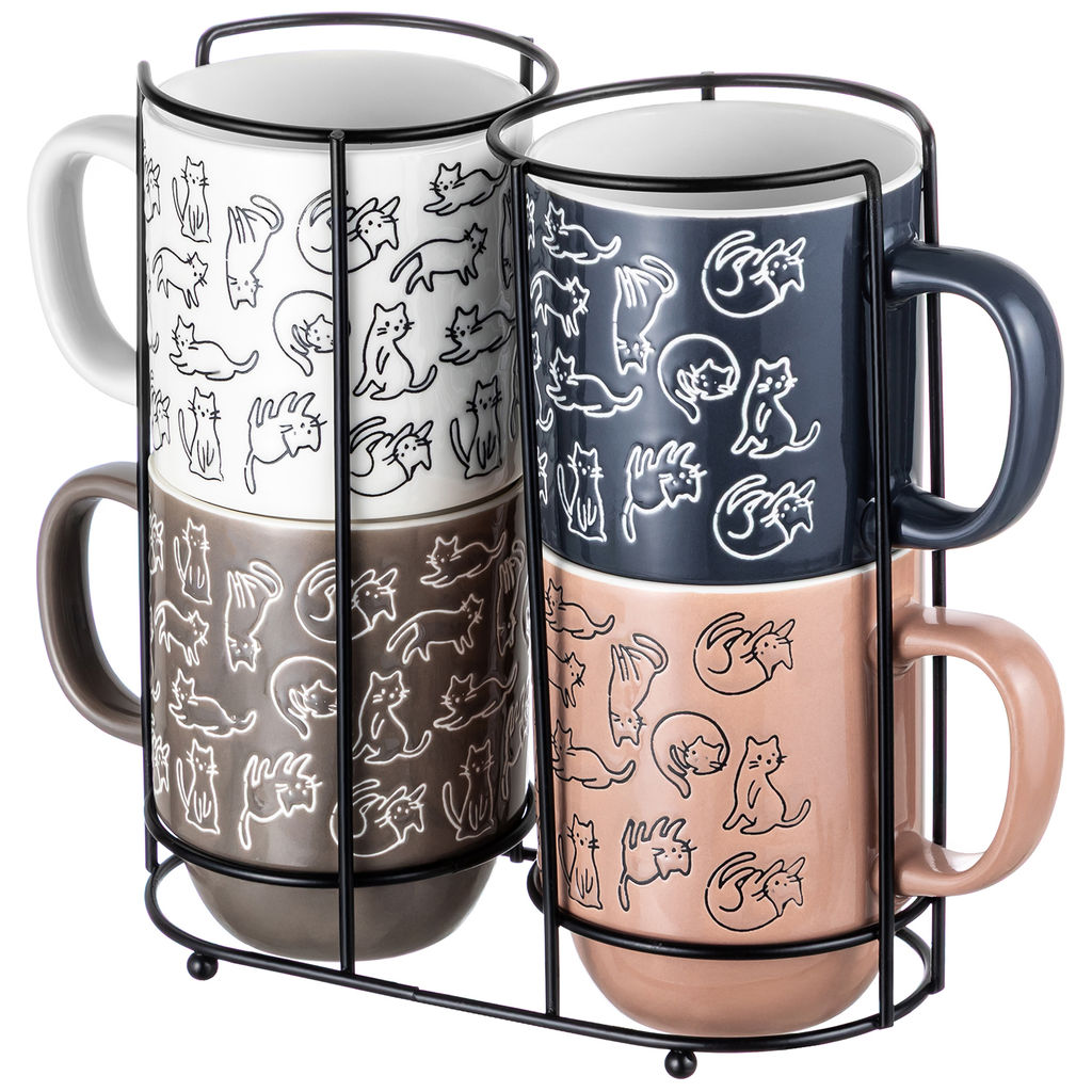 Набор кружек 4 пр. 400 мл 12*8,5*11см "Кошачья жизнь" на металлической подставке
