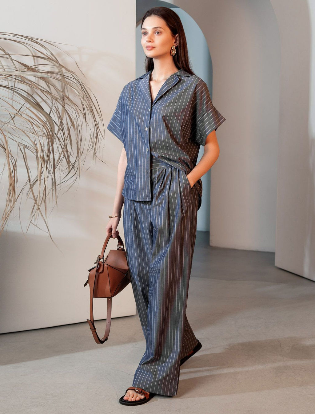 Брюки палаццо в полоску из легкого хлопкового поплина - Vilatte фото 5