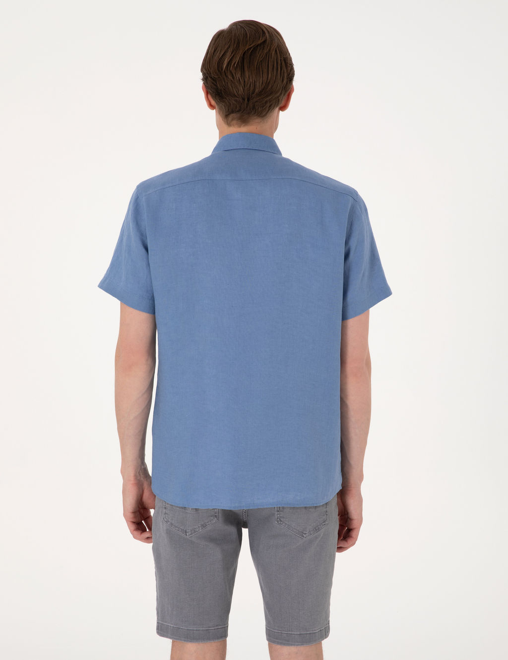Mavi %100 Keten Regular Fit K_sa Kollu G_mlek
