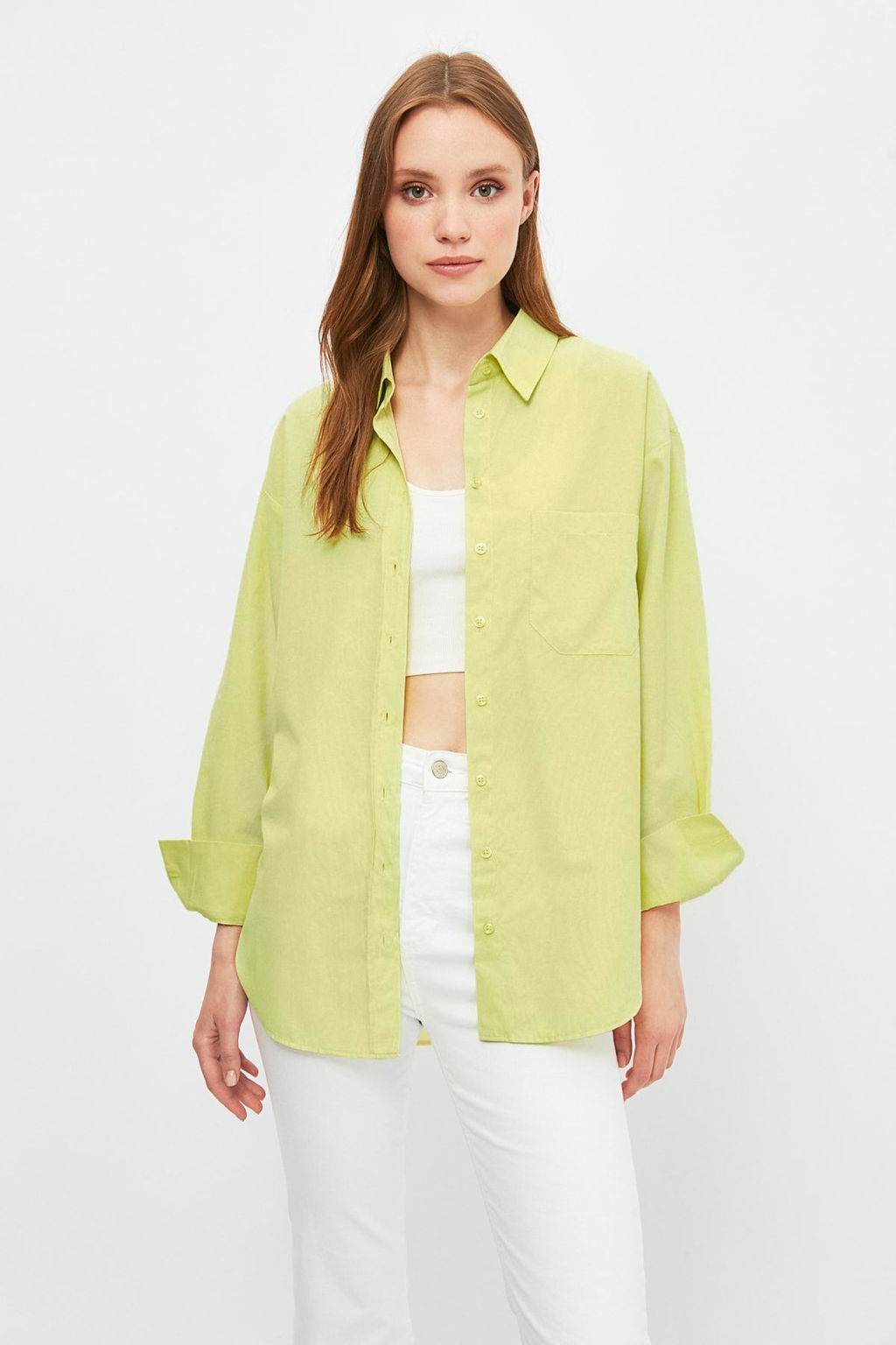 TRENDYOLMILLA Beyaz Tek Cepli Boyfriend/Genis Kal?p Pamuklu Dokuma Gomlek TWOAW20GO0115 фото 5